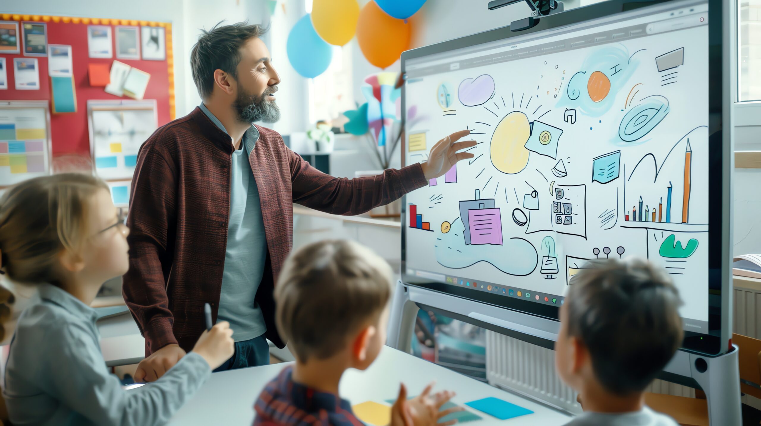 teacher points digital whiteboard while explaining something his students scaled